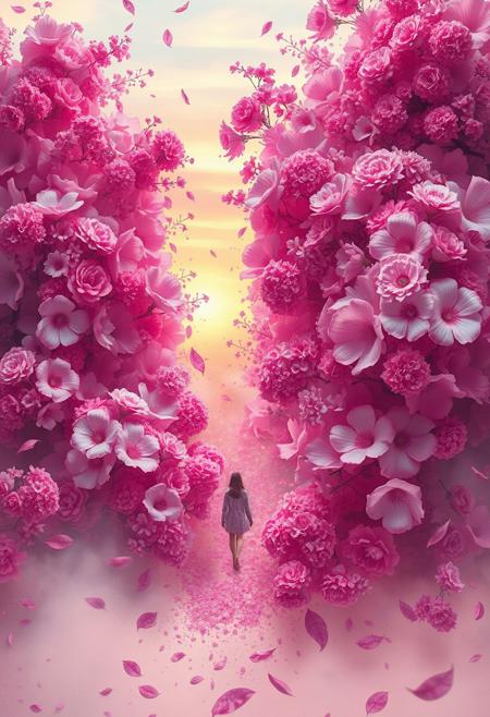 A floral explosion where soft pinks and purples blend into bright, bursting pigment clusters,  bending space, solitary figure, scattered leaves, human emotions, dream-like, ethereal atmosphere, dynamic sunset visuals, subtle textures, mystical atmosphere, intricate patterns