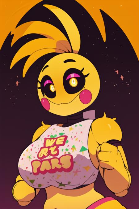 <lora:toychica-06:1> toychica, yellow, yellow sky, stars,  <lora:mryu_7:1> poster, detailed shading, detailed ambient light, detailed background, masterpiece,