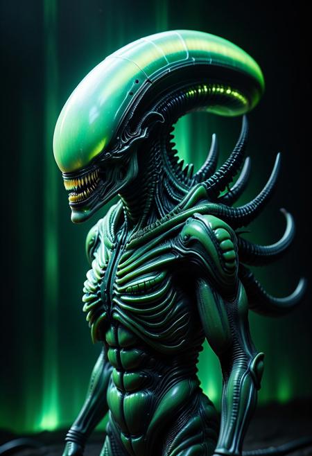 8k, Raw digital photo, high quality, jaynl-tm, hyperrealistic, profile, a Xenomorph made of aurora, electricity, green glow, green theme, emerging from the shadows, eerie, 80mm,