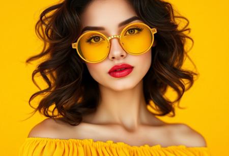 Close-up of a woman with dark brown, wavy hair and round, yellow sunglasses. 
The woman is positioned against a solid yellow background. Her face and upper torso are the central focus.  Her skin appears smooth and light-toned. 
She has a soft, slightly lifted expression, and her lips are painted with a vibrant, coral-toned lipstick. Her eyes are visible beneath the sunglasses.
The sunglasses are round and yellow, with gold-toned rims and a noticeable frame.  
The woman is wearing a loose, yellow, off-the-shoulder top with a ruffled or pleated design. The fabric looks like a type of soft, flowing silk or chiffon. The fabric texture is visible; the pleats and folds are apparent.
The lighting highlights the woman's features and creates a warm, slightly soft glow. The yellow background contrasts sharply with her skin and clothing, emphasizing her appearance. The image's overall aesthetic is fashion-oriented, possibly for a magazine or social media.
<lora:FLUX-daubrez-DB4RZ-v2:1> DB4RZ, DB4RZ style painting