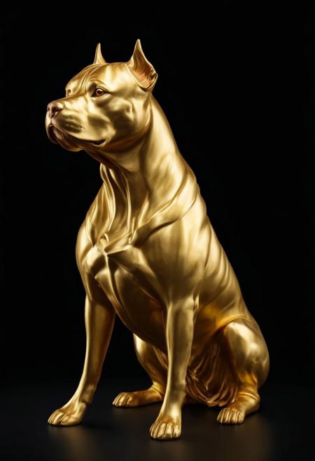 The stylized golden statue of a pitbull, profile view, HD, hyper realistic, black background