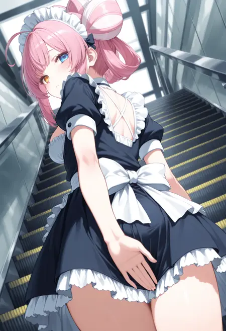 [Illust&XL&Pony] covering crotch / covering ass / 階段でスカート押さえ / エスカレーターでスカート押さえ