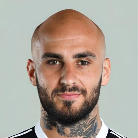 26 year old male footballer portrait [Giacomo Lanzetta:Gino Mariotto:0.5] San Marino nationality, Natural Bald hair with No Beard, Neck Tattoo, with soccer kit, plain white background, rim lighting, studio lighting, looking at the camera, dslr, ultra quality, sharp focus, tack sharp, dof, film grain, Fujifilm XT3, crystal clear, 8K UHD, high detailed skin, skin pores