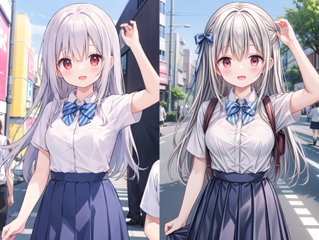 <lora:hyperdetailer_v095:1>
insanely detailed, absurdres, ultra-highres, ultra-detailed, best quality,
1girl, solo, nice hands, perfect hands,
BREAK
summer school uniform with indigo blue bowtie, (short sleeves, dark blue skirt, pleated skirt:1.3), (indigo blue:1.3) bowtie, (white shirt:1.3), shirt with white button, (skirt with many pleats:1.4), plain shirt, plain skirt, (striped bowtie:1.3), shirt_tucked_in ,
BREAK
happy smile, laugh, open mouth, standing,
(45 angle:-1.5), (from side:-1.5),
cute pose, cowboy shot,
BREAK
slender, kawaii, perfect symmetrical face, ultra cute girl, ultra cute face, ultra detailed eyes, ultra detailed hair, ultra cute, ultra beautiful,
BREAK
in harajuku, shibuya, tokyo, street, crowd, cityscape,
BREAK
medium large breasts,
(grey hair, red eyes),