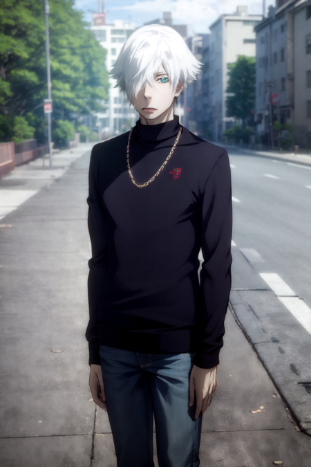 (masterpiece, best quality:1.4), decim \(death parade\), black sweater, jeans, gold chain, upper body, looking at viewer, standing, outdoors, city, road <lora:ironcatlora7Decim_v10:0.8>