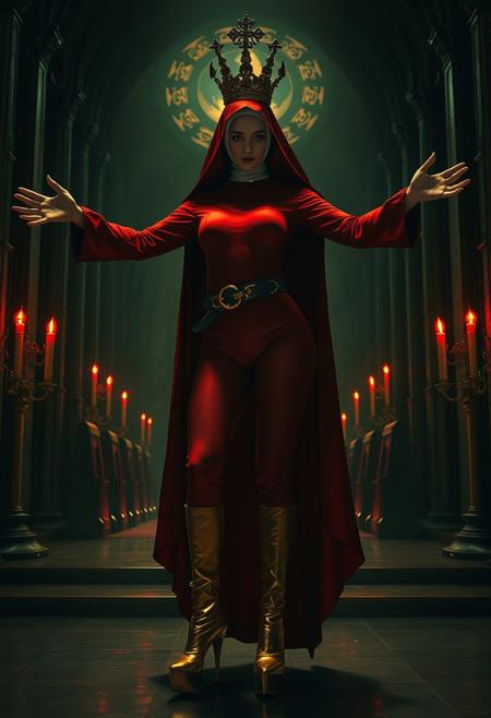 ((score_9, score_8_up, score_7_up)), (((character design, sci-fi warrior women, feminine power, perfect anatomy))), 
An enigmatic figure of a (occult)nun(caucasian), her red (skintight_sealed_bodysuit)habit sexy, conducting a sensual occult ritual inside a dark cathedral at (red)midnight. Her (eyeless)mask, elaborate crown, (fully)conceals her identity, adding to her mystique and allure. gold stiletto platform thigh boots, big breasts, tiny waist, flat abs, naughty, looking at viewer, seducing with her body, dancing towards viewer with her arms extending up, sexy ass seductive wide hips, butt cheeks, twerk, huge perky breasts, in the style of a vintage, high-contrast setting. Emphasize theatrical elements with a bit of bright colors against dark, moody backgrounds
,big butt, booty, bubble butt, <lora:add-detail-xl:2>