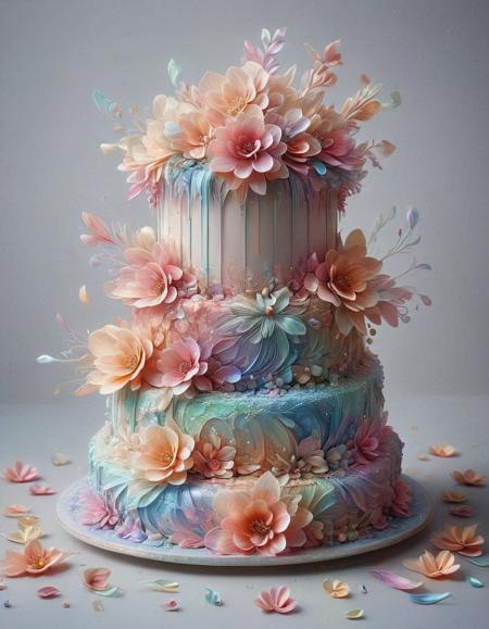 wedding cake, p1nk1r1fl0wers, made out of iridescent flower petals, high quality, masterpiece <lora:PinkieIriFlwrsSDXL:1>