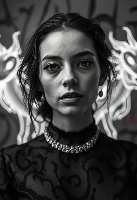 A black-and-white portrait with a soft, vintage feel, but with glowing, surreal graffiti-like creatures emerging in the background, merging past and future aesthetics. classic black-and-white elegance meets bold surreal fantasy, refined documentary composition with vibrant graffiti-style textures, glowing neon accents, whimsical dreamlike atmosphere, surreal bioluminescent creatures, balanced tonal contrast, vintage realism infused with urban fantasy