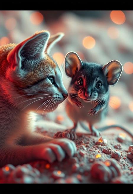 surreal VFX, nano-cat and nano-mouse best friends for life seen under an electron scanning microscope, with details, vivid colors, distopian, fire, apocalyptic environment