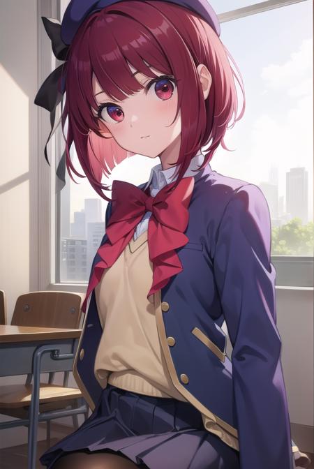 kanaarima, <lora:kanaarima-lora-nochekaiser:1>,
kana arima, bob cut, (red eyes:1.5), red hair, short hair,
BREAK beret, blue headwear, blue jacket, blue vest, hat, jacket, pantyhose, ribbon, school uniform, skirt, vest, youtou high school uniform,
BREAK looking at viewer,
BREAK indoors, classroom,
BREAK <lyco:GoodHands-beta2:1>, (masterpiece:1.2), best quality, high resolution, unity 8k wallpaper, (illustration:0.8), (beautiful detailed eyes:1.6), extremely detailed face, perfect lighting, extremely detailed CG, (perfect hands, perfect anatomy),