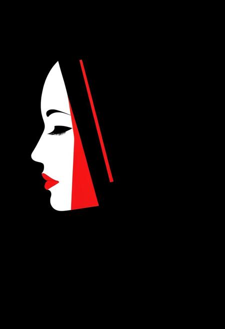 minimalist (stylized:1.2) vector art illustration, profile of a woman in a black and white and red color scheme, simplified shapes, flat colors,  negative space to achieve the illusion of a face, reduced details, strong geometric shapes, black background, highly stylized graphic design