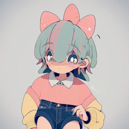 kaneko 1girl, yellow knit sweater, pink shorts, blue hair, llustration, <lora:BeCute:1>, high quality, high resolution, BeCute