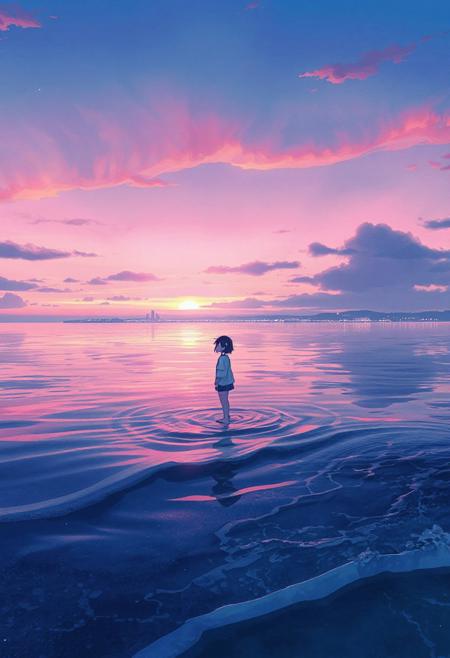 Vertical 9:16 cinematic anime scene, lonely anime girl standing barefoot in shallow ocean waves at twilight, mirror-like water reflecting pastel pink sky, distant glowing lights of a city on the horizon, dreamy hyper-detailed anime watercolor style, emotional peaceful feeling.