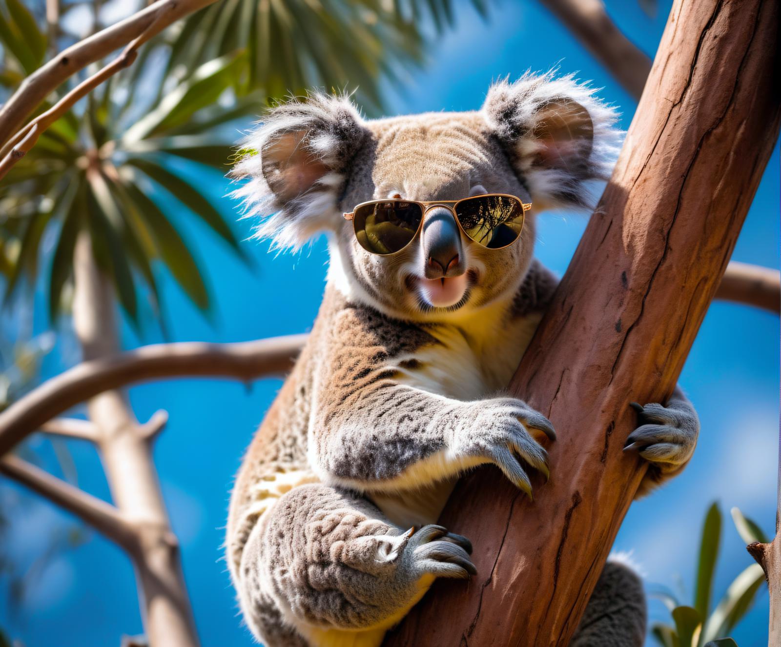 A koala bear with sunglasses hanging on a tree branch.