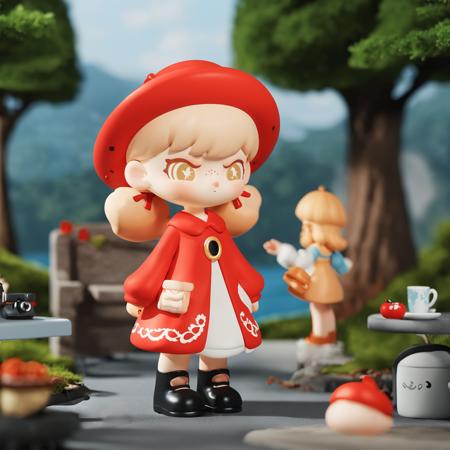 blindbox, 1girl, solo, blonde hair, long sleeves, hat, dress, shoes,  black eyes, red dress,  4k, highly detailed, uhd image, intricate details, detailed scene background, detailed, 8k, amazing art, colorful