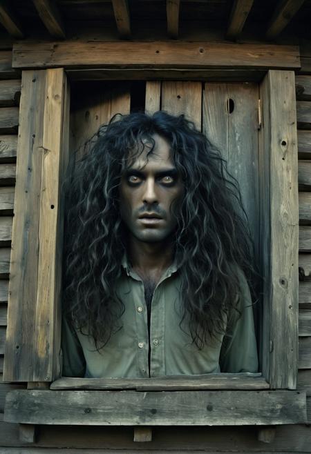 Man with lengthy hair and cosmetics positioned in front of wooden building, Film snapshot of the extraterrestrial girl, possessing haunted eyes and dark tresses, Spooky individual, Frame from terror film, Exhausted haunted demeanor, Metamorphosing into a werewolf, Featuring haunted eyes and curly hair, Exhibiting unruly hair and haunted eyes, Sil from Species, Encompassing haunted eyes and unruly hair.