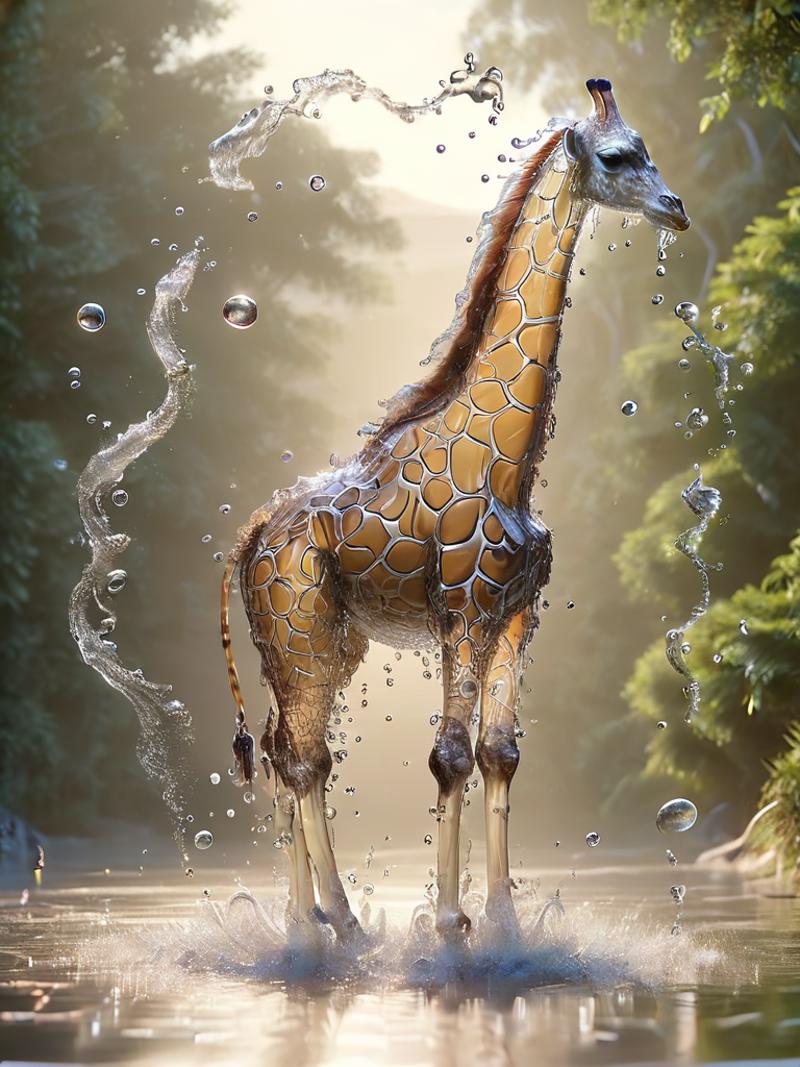 Giraffe Running Through Water with Splashes, Close-Up Shot