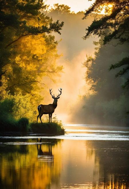 Imagine capturing a scene reminiscent of a painting, where a majestic deer stands gracefully in the middle of a tranquil river. The silhouette of the deer is framed by mist rising from the water, surrounded by the lush greenery of the forest. As the golden hour light filters through the canopy above, it casts a warm glow upon the scene, illuminating the deer and highlighting the natural beauty of its surroundings. The interplay of black and golden light hues creates a captivating contrast, enhancing the ethereal atmosphere of the moment. With your camera in hand, seize this opportunity to capture the timeless elegance and serenity of nature in all its splendor