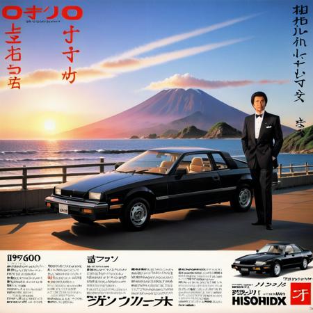 Visualize a classic 1980s Japanese car advertisement. The setting is a scenic coastal road during sunset. In the foreground stands a dashing middle-aged man, his black hair slicked back, wearing a sharp suit. He exudes confidence, sophistication, and charm. Beside him is a sleek, shiny 1980s-style car, its curves reflecting the warm hues of the setting sun. The car brand's logo is prominently displayed on the corner. The background fades into soft focus, but we can still make out the crashing waves, distant mountains, and a setting sun that casts long, dramatic shadows. Elegant Japanese characters spell out a catchy tagline that speaks to luxury, speed, and prestige, <lora:jp80:0.75>