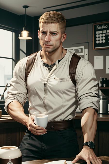 ((masterpiece, best quality))
 <lora:WolfensteinBlazkowicz:0.8>
WolfensteinBlazkowicz, 1boy, solo, short hair, In a bustling coffee shop, casually dressed in stylish streetwear, enjoying a cappuccino