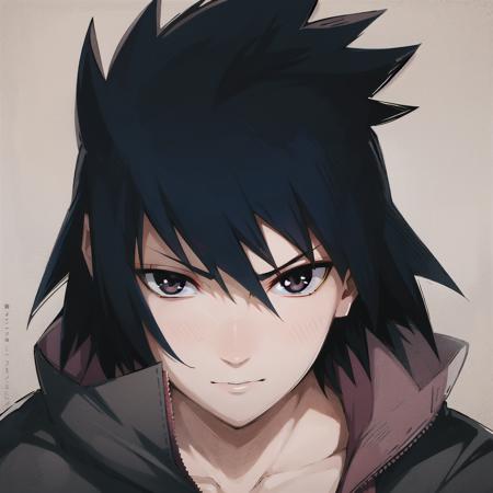 masterpiece, best quality, ultra-detailed, illustration, sasuke uchiha a man with black hair and black eyes looks at the camera with a serious look on his face