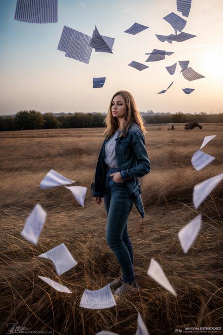 (Realistic), realism, hdr, masterpiece, best quality, absurdres, cinematic lighting, natural shadow, ray tracing, volumetric lighting, highest detail, professional photography, detailed background, depth of field, insane details, intricate, aesthetic, detailed face, subsurface scattering, realistic hair, realistic eyes, photo of a woman in a field, outdoors, looking at viewer, paperexplosion, motion blur, surrounded by papers, papers flying in the air, papers flying from above,