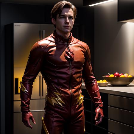 Hyperrealistic art of  <lora:The Flash SD1.5:1.2>
The Flash a man in a flash costume standing in a kitchen barry allen original flash suit, Extremely high-resolution details, photographic, realism pushed to extreme, fine texture, incredibly lifelike