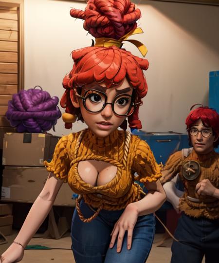 May, red hair,  shaggy hair,   black eyes, glasses, wooden body,  tight pants,   solo focus,  cowboy shot, 
ClYarn, black shirt,  red pants with stiches, red hair ribbon, short sleeves,   cleavage, 
in a giant toy box,  
(insanely detailed, beautiful detailed face, masterpiece, best quality),  <lora:May-10:0.8>