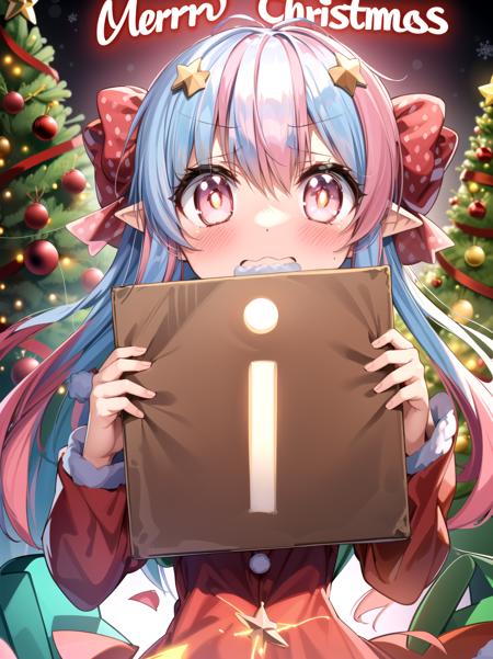 (Red Christmas dress:1.3), Christmas hair ornament, (glowing Christmas tree:1.3), (blush:1.2), Innocent, (shy:1.2), cute, Flat, Medium hair, Skirt, masterpiece, best quality, Side ponytail, (light pink hair:1.3), (gradient hair:1.0), white horns, Pointy ears, layered, frills, bare shoulders, sleeves, (Light blue hair:1.2), (Glowing sign text:1.3)