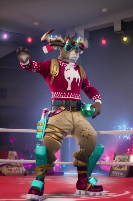 A high quality unreal engine render of a close up portrait of anthro reindeer Fortnite_Dolph, novelty glasses, Christmas Sweater, Belt, Christmas Stocking, Christmas Lights, Candycane, Pistol Holster, Christmas Ball Ornament, Khaki Pants, Shin Guards, Boots, three fingered hands, (interior, wrestling ring), (posing, standing on turnbuckle), (detailed fur:1.2), CG, Octane Render, 8k uhd, soft lighting, high quality, ambient occlusion, <lora:Fortnite_Dolph_v3.3:1>