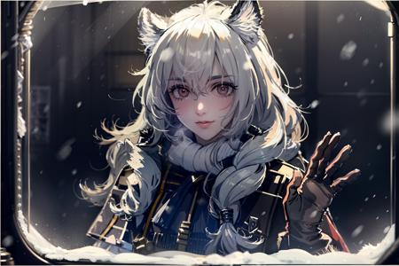 masterpiece, best quality, <lora:lq:1>,lqstyle01, 1girl, animal ears, official alternate costume, pramanix (arknights), solo, gloves, long hair, hat, braid, grey eyes, window, white hair, looking at viewer, smile, upper body, blurry, animal ear fluff, black headwear, hair between eyes, twin braids, fur trim, ascot, snowing, leopard ears, grey gloves, hand up, blurry background, closed mouth, bell, coat, :3, waving, snow, capelet, bangs, depth of field, indoors, grey hair, against glass, looking outside, black capelet, blue headwear, black gloves, long sleeves, black coat, fur-trimmed capelet, very long hair, jewelry, brown gloves