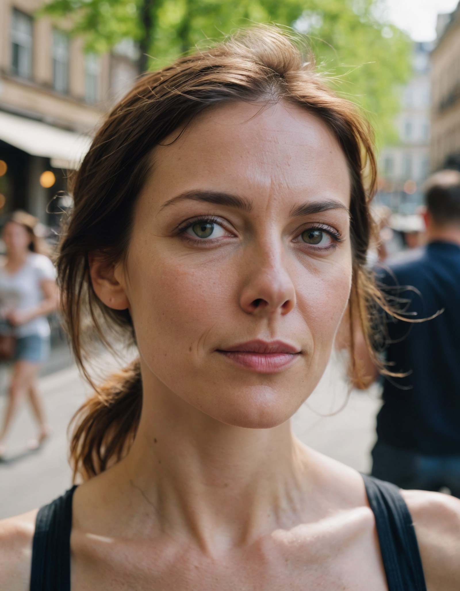 cinematic film still Mid-shot portrait of a beautiful ((woman)) in his 30s with perfect skin, candid street portrait in th...