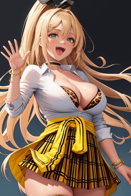 masterpiece, best quality, 1girl, solo, <lora:rupee-nikke-richy-v1:1> rupeedef, white shirt, skirt, hair ornament, hair clip, underwear, leopard print, cleavage, jewelry, choker, clothes around waist, hair ribbon, smile, open mouth, skin fang, waving, arm at side