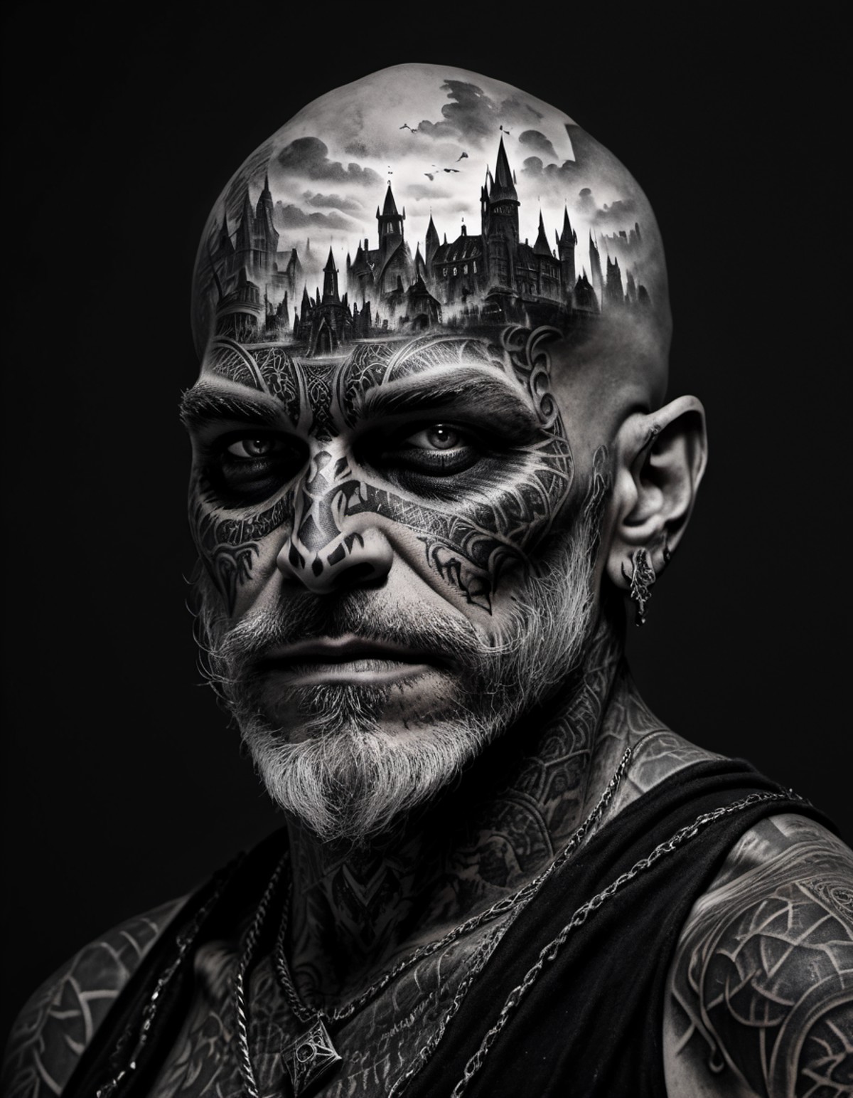 double exposure, black and white pencil sketch extreme side closeup of a wizards face with black tattoos, mountains,  blac...