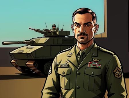 <lora:GTA_Style:0.8> comic character, a man in army uniform