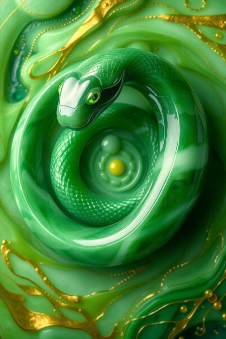 jade_snake. A surreal and abstract image of a jade snake coiling infinitely into itself, forming a mesmerizing spiral. Its body is a blend of polished jade and liquid emerald, shifting fluidly between solid and translucent states. The background is an abstract swirl of green and gold, resembling a dreamscape or a portal to another dimension. The snake’s eyes are glowing orbs of light, and faint tendrils of energy radiate from its body, giving it an aura of pure mystery and power