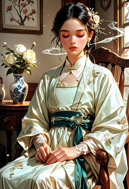 solo, short black hair, elegant man, seated, holding a long kiseru smoking pipe, traditional Hanfu-style silk robe, white with delicate embroidery, floral patterns, tied sash, flat chest, graceful pose, closed eyes, long sleeves, white flower vase in the background, ornate wooden chair, ethereal smoke, gentle lighting, earrings, realistic facial features, attractive , calm atmosphere, flower vase decor, semi-realistic style, digital painting, concept art, soft glow, dusty cool tones, volumetric lighting, ultrahigh definition,  absurdres, highres, very aesthetic, painted style, moody light, contrast of white fabric and dark wood, misty effect, light particles, serene, Midjourney style, elegant composition, aidma-niji