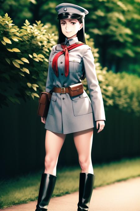 masterpiece, best quality, absurdres, high resolution, extremely detailed, 1girl, solo, <lora:NRAuniformv0:0.75>, leather belt pouch, belt,   black long hair, blunt bangs, green eyes,   smile, battlefield,  outdoors, uniform, military_uniform, military, NRA1926, peaked cap, (((red scarf))),   cap badge,light blue uniform, black long boots,NRA officer, large breasts,  narrow waist,  <lora:ooyari-style_v1.0:0.9>