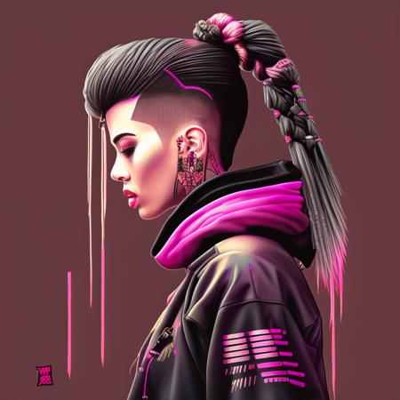 a large and complex digital painting of a woman with a gun in her hand and a ponytail in her hair, wearing a black jacket and pink light, art by flonixsdviewv3