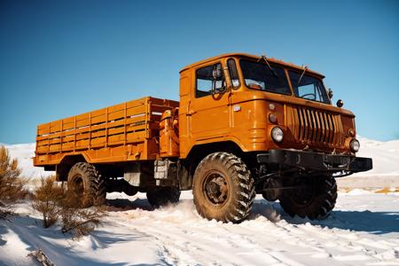 photo RAW,(<lora:gaz66:0.7>, a orange colored truck driving a snow desert,winter), masterpiece, award winning photography, lighting, perfect composition, high detail, hyper realistic,dramatic lighting, epic