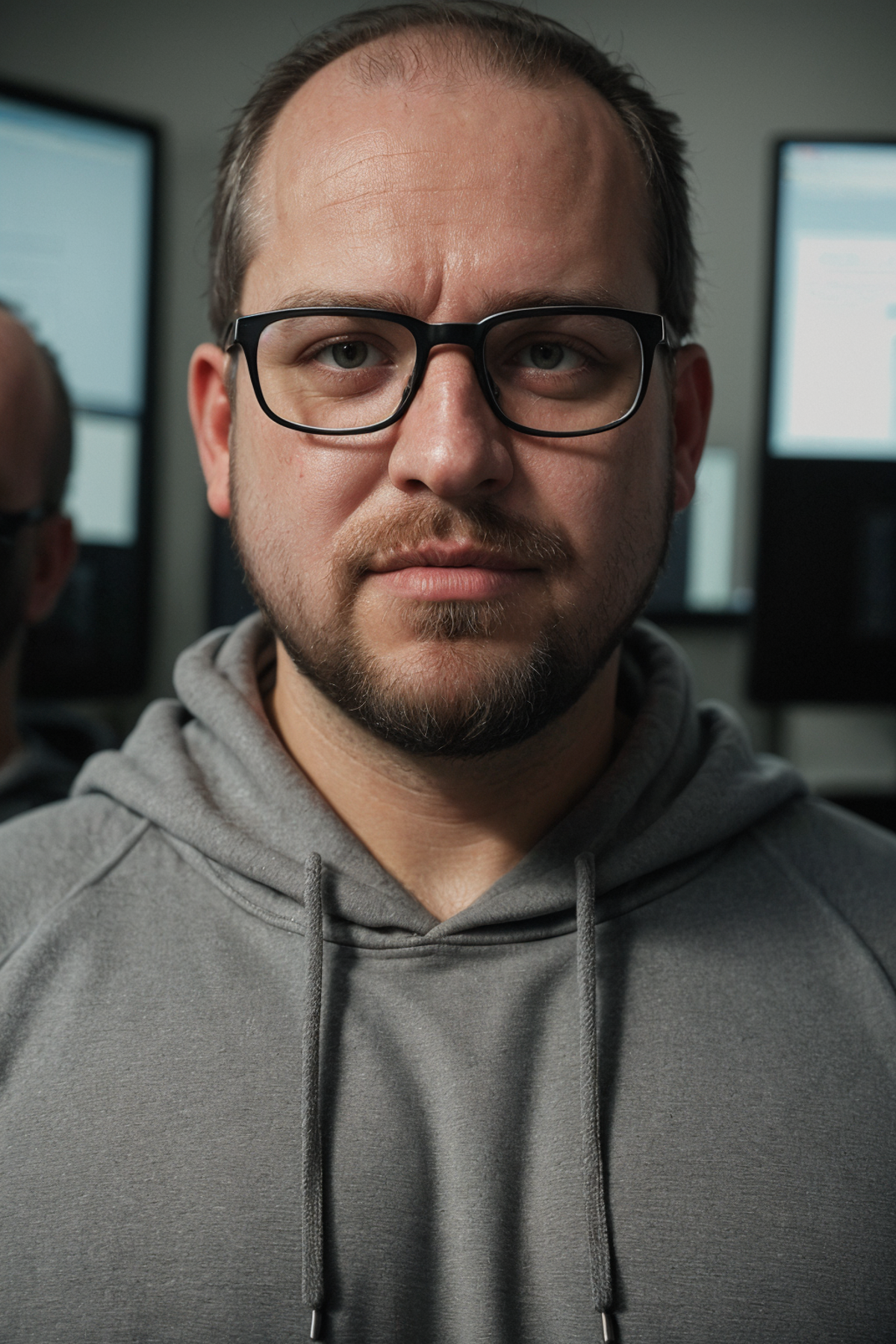 A man wearing glasses and a hooded sweatshirt is staring at the camera.