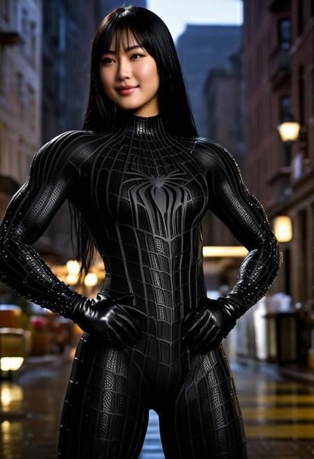 score_9, score_8_up, score_7_up, best quality, realistic, masterpiece, beautiful detail, hyperrealistic, cafe, ((1girl, woman body, huge breasts)), amazing detailed full body portrait of a beautiful japanese girl, wearing a realistic and highly detailed black raimi spider-man suit, ((huge muscular girl)), professional model wears ultra - detailed black raimi spider - man suit, ultra - detailed and grained black raimi spiderman suit, suit covered entire body and hand, black spiderman gloves, wet, (full body), (dancing pose), smile, black hair, octane render, highly detailed, volumetric, dramatic lighting, (highest quality:1.1), (HDR:1.3), (top quality, best quality), realistic, high definition, Expressionism - sharp focus, professional photography, masterpiece, ultra detailed photograph, high quality, 8k,