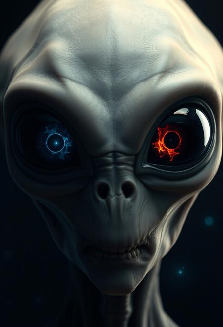 "Create a hyper-realistic image of a typical alien, its bulbous head and large, soulless eyes seeming to absorb the darkness around it. The eyes are a deep, black metallic texture, with a single fireball reflected in the center of each one. The fireball's flames dance and flicker, casting an eerie, otherworldly glow on the alien's face, illuminating it from the deep shadows. Tiny blue twilights dot the image, giving it an ethereal, extraterrestrial feel. The alien's skin is a pale, almost translucent color, and its facial features are smooth and expressionless. The overall effect is one of haunting, intergalactic menace." highest-Quality, 8 k, intricate details, visually stunning, Masterpiece