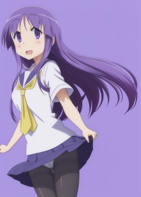 <lora:Hinata_Yukari-10:1>,Hinata_Yukari,(animation),Dawn_Anime,1girl, solo, long hair, school uniform, purple eyes,purple hair, pantyhose, pleated skirt, serafuku, white panties, black pantyhose , pantyhose pull,