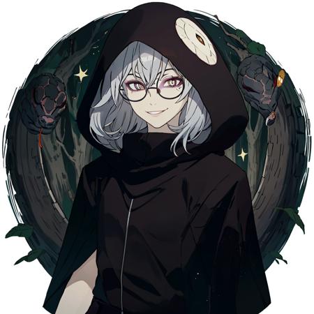 snake yakushi kubato, 1girl, skirt, sliver hair, slitted pupils, round glasses, slim waist,((( girl))), girl, upper body portrait, white skin, snakes, smiling, wearing a dark red hooded cloak, dark forest background, moonlight, trees