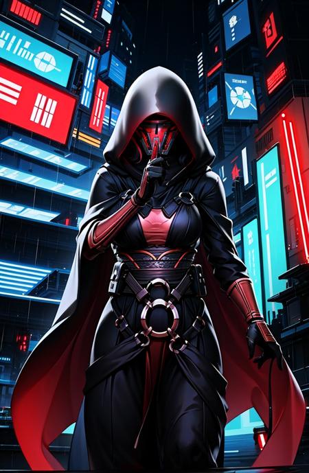 1girl, cowboy shot, Revan Raiment, black robes, hood, star wars,  <lora:Clothes - Revan:0.78> dynamic pose, mask,
detailed background, rain, city, neon lights, future tech,