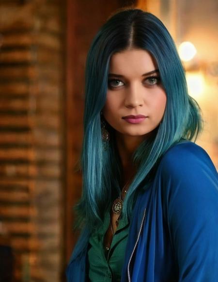 afra_saracoglu, with blue hair wearing a green dress and earrings, with a dark background and a blue smoke, by Franois Quesnel
<lora:afra4ep:1.2>  <lora:add_detail:0.5>,