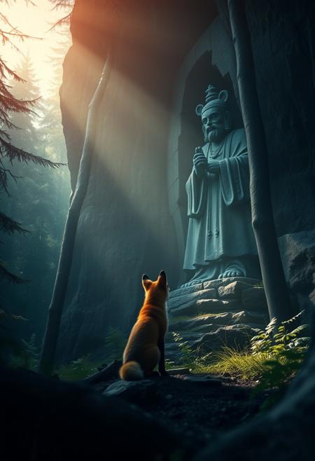 A fox is observing the stone statue of an anthro grizzly bear saint carved onto a cliffside in a forgotten shrine in the depth of a forest., volumetric light, realistic, atmospheric, cinematic, calming, trainquil, beautiful, striking, high contrast
