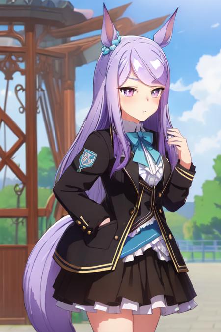 mejiromac,1girl, purple hair,horse tail,midum hair,<lora:test:0.7>,high quality,black   jacket, skirt,expressionless,blue sky background