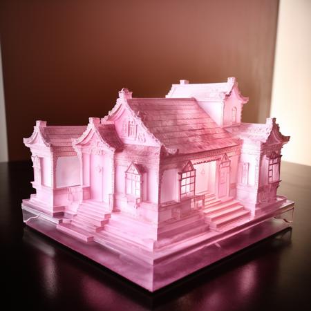 a (pink glaze, transparent:1.1) villa, building model, (solo:1.2), <lora:colouredglazecd-000006:0.8>, colouredglazecd, no humans, high quality, masterpiece, realistic, photorealistic, long-focus, (indoors, on table:1.2),